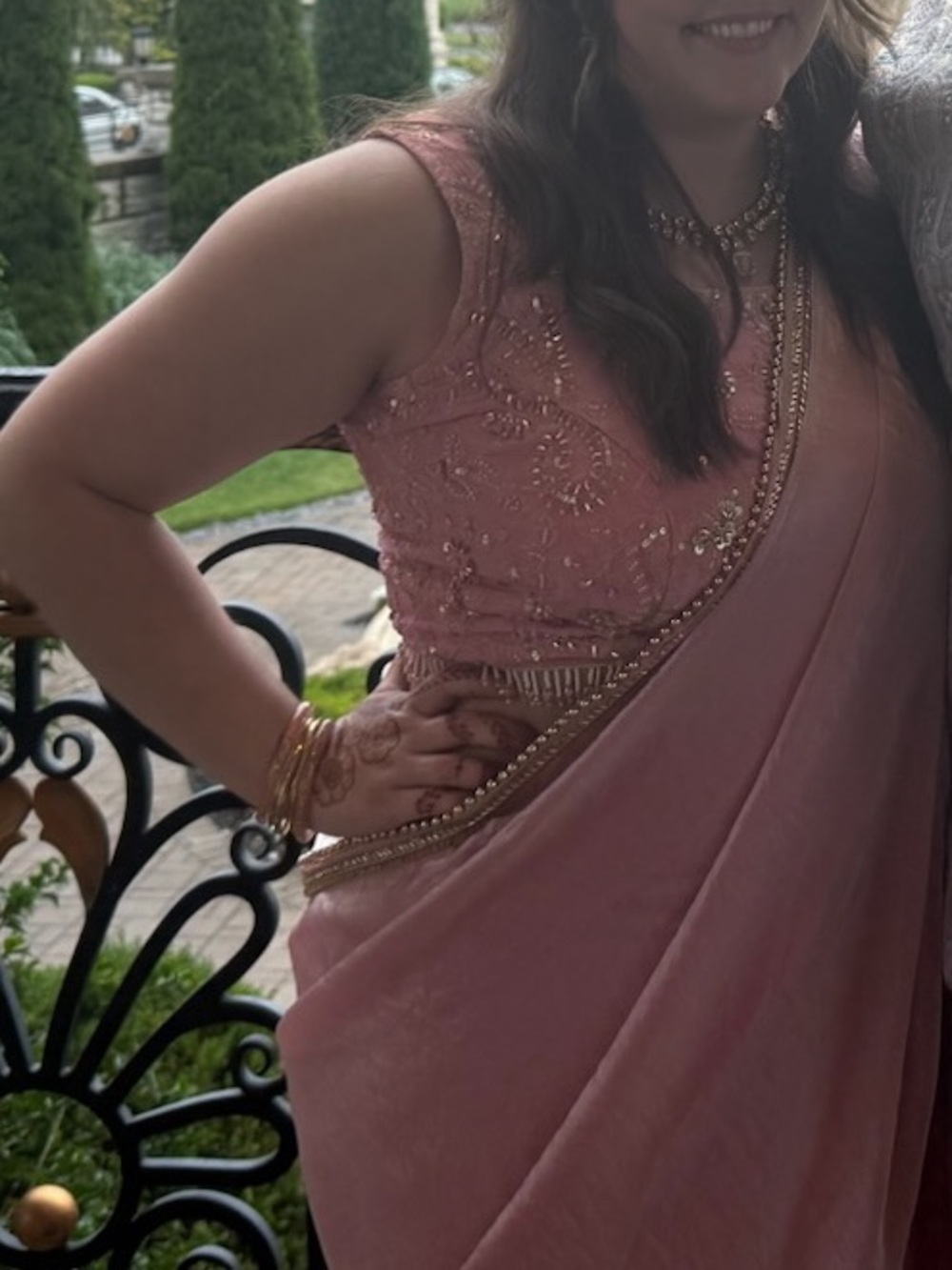 Pink Embellished Saree with Beaded Trim (Petite) - Picture 3 of 9